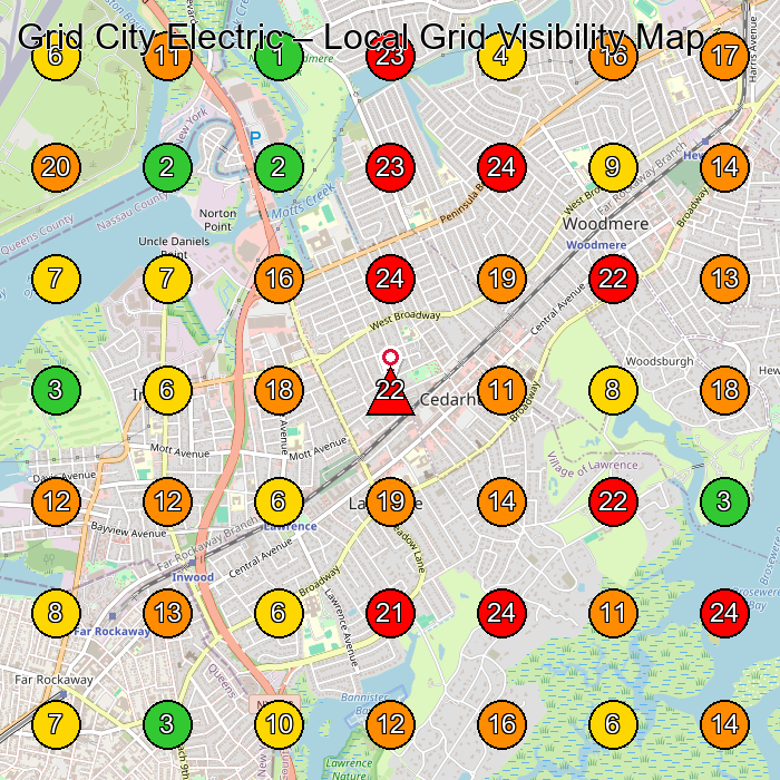 Grid City Electric Solar Energy Equipment Supplier GeoGrid ranking map for Cedarhurst NY